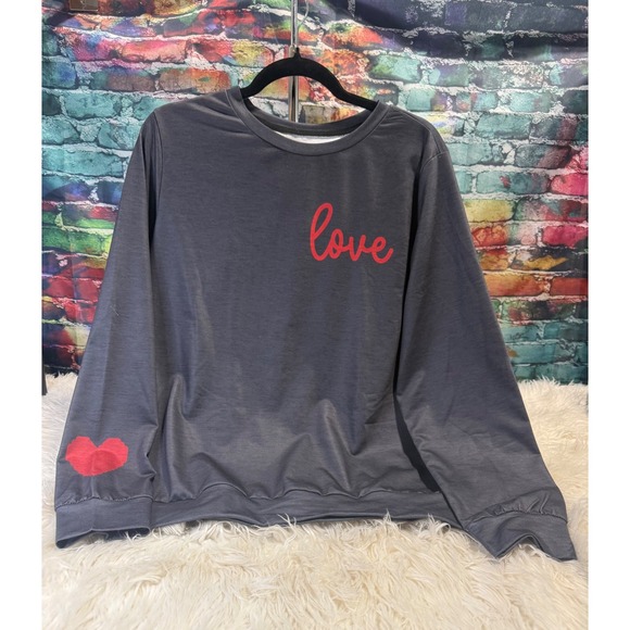 Tops - Charcoal Grey Love Heart Graphic Sweatshirt Women Long Sleeve Crew Neck Top